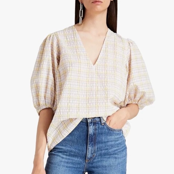 GANNI | Puff Sleeve V-Neck Plaid Check Seersucker Top - Picture 1 of 16